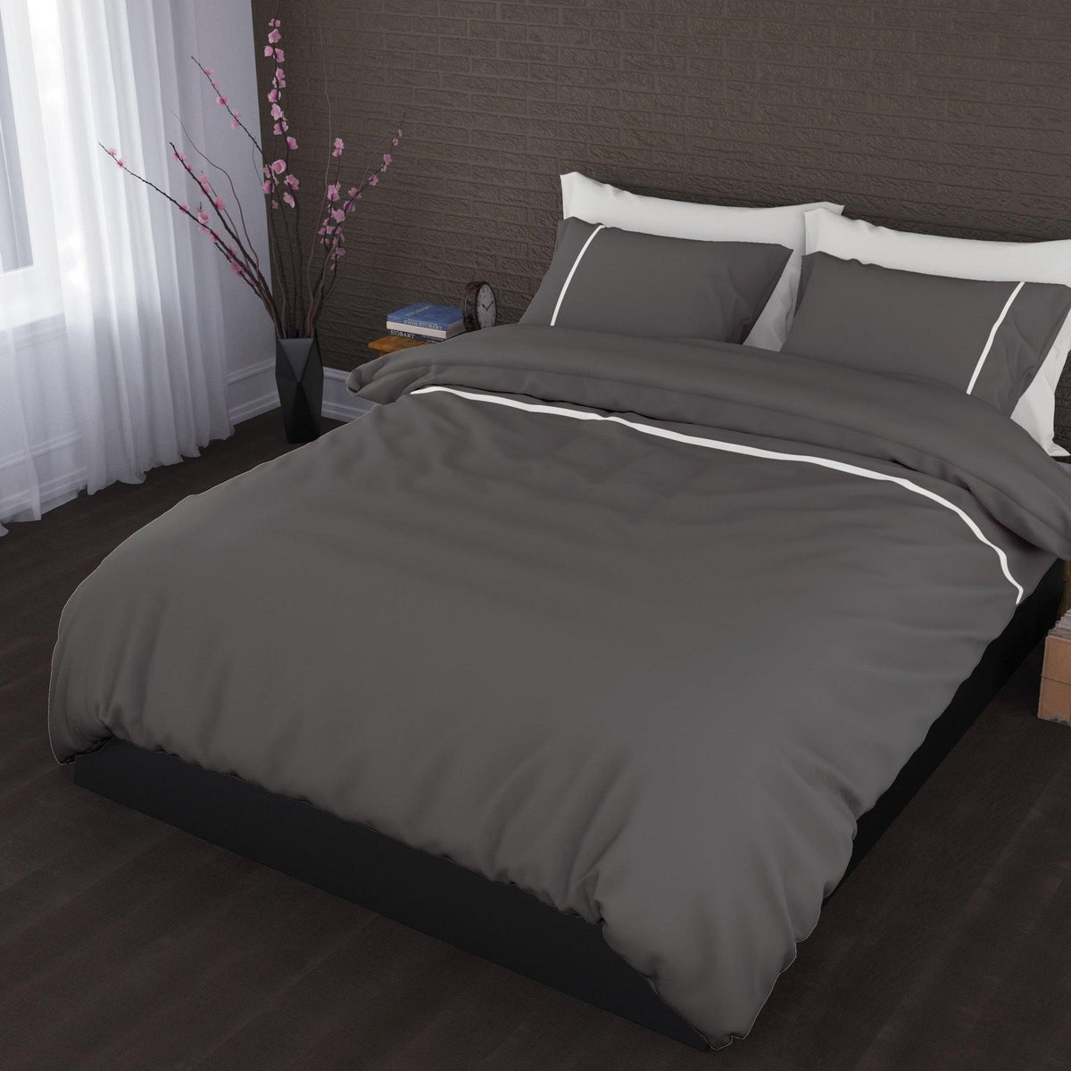 Romanette dekbedovertrek flanel Duchesse antraciet wit
